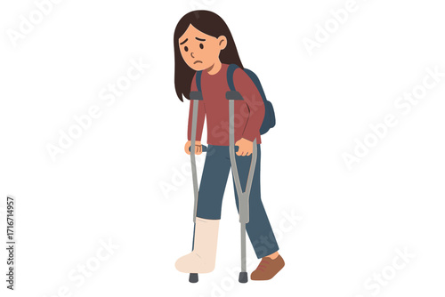 Temporarily disabled sad teenage girl with broken leg bandage cast walking using crutches. Unhappy depressed injured school teenager character. Flat vector illustration.