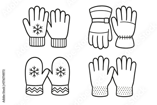 Winter gloves outline set vector illustration. Cartoon hand gloves and mittens collection with different designs including snowflake, knitted, sporty styles. Transparent background, assorted types.