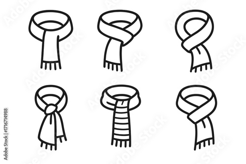 Minimalist scarf designs set six outline styles vector illustration. Fashion accessory cartoon graphic, winter clothing, neckwear, modern simple icon, transparent background, arrangement, bundle
