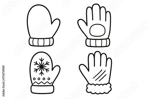 Winter gloves and mittens outline collection, hand drawn vector cartoon illustration set, cozy cold weather accessories, different designs including snowflake, fur, ribbed cuff, for coloring books