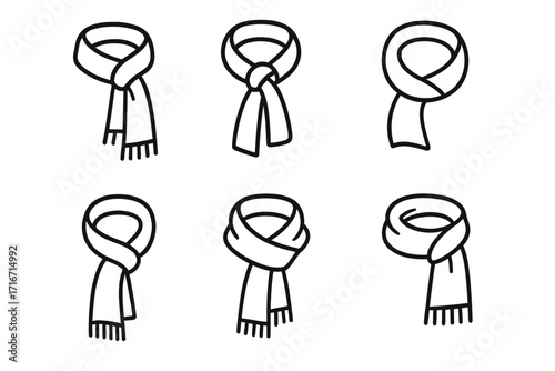 Minimalist Outline Scarf Vector Set, Six Stylish Cartoon Scarf Designs, Fringed and Wrapped, Fashion Accessory Collection, Winter Warmth, Elegant Monochrome, Transparent Background