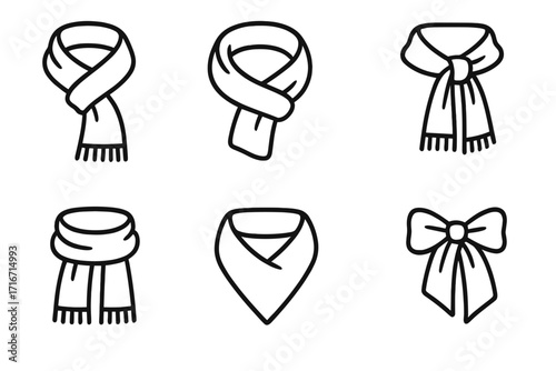 Minimalist scarf outline vector set. Six simple cartoon scarf, bow, and neckerchief designs. Fashion accessory line icons. Winter clothing graphic resource. Linear isolated illustration.