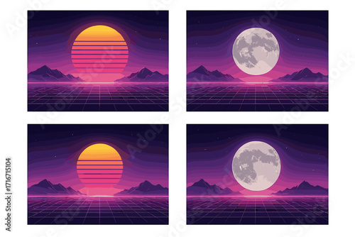 Vintage 80s synthwave landscape set with neon grid. Retrowave futuristic background with sun and moon. Retro sci-fi space vector collection. Digital cyber world illustration.
