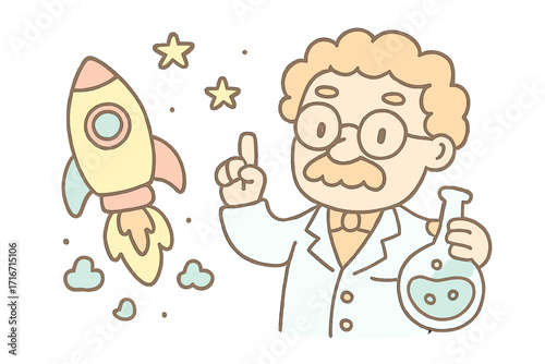 Cute scientist with glasses and mustache holding laboratory flask next to rocket among stars, pastel doodle style illustration for science education, chemistry, physics, and space exploration concept