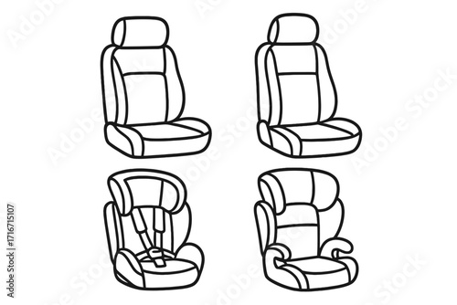 Set of car seat and child safety seat vector illustrations in black outline style. Automotive vehicle seats, baby booster seat, child seat, headrest, cushion collection. Automobile interior design.