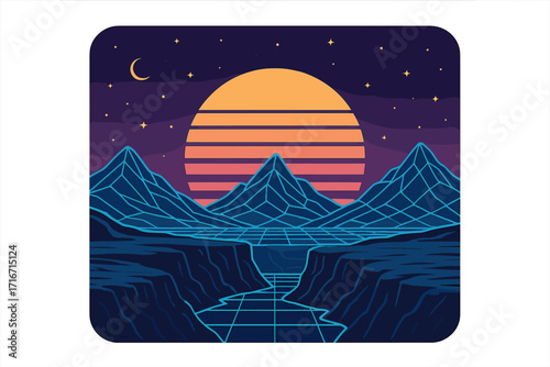 Synthwave retro 80s futuristic landscape with grid mountains and canyon. Vaporwave sunset over digital wireframe world. Sci-fi cyber space background. Arcade game style.