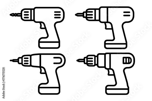 Electric drill icon set, various cordless power tool designs, hand drill silhouette, vector illustration, DIY equipment, construction tools, black outline, transparent background, isolated, collection