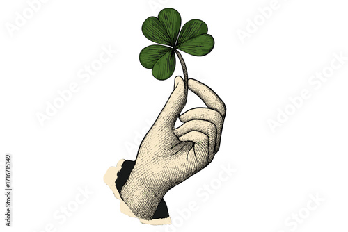 Vintage halftone collage of a hand holding a green clover leaf. Female torn paper arm with shamrock. Symbol of luck, success, and fortune. Vector for St. Patrick's Day.