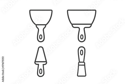 Minimalist putty knife icon set, simple outline style, vector illustration, transparent background, construction tools, spatula and scraper, ordered collection, home improvement, repair