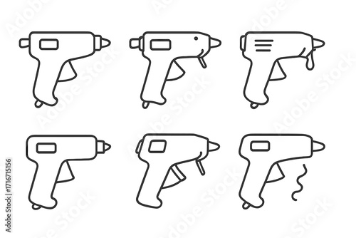 Collection of Six Linear Hot Glue Gun Icons for Crafting, DIY Projects, Adhesive Tool, Repair Equipment, Transparent Background, Vector Cartoon Illustration, Organized Set, Construction Supplies