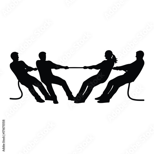 Silhouettes of people playing tug of war competition