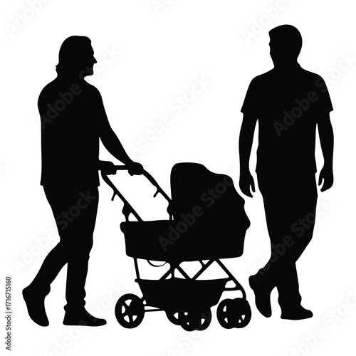 Silhouettes of people with baby stroller walking parents