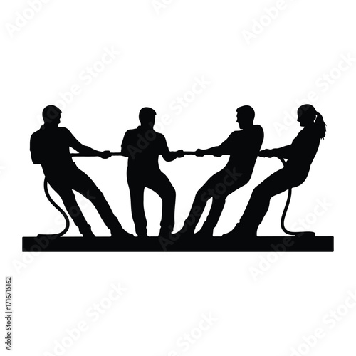 Silhouettes of people playing tug of war rope competition