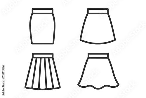Linear skirt icons set minimalist style vector illustration. Simple outline cartoon skirt collection for fashion design. Classic and modern skirt shapes. Transparent background graphic resource.