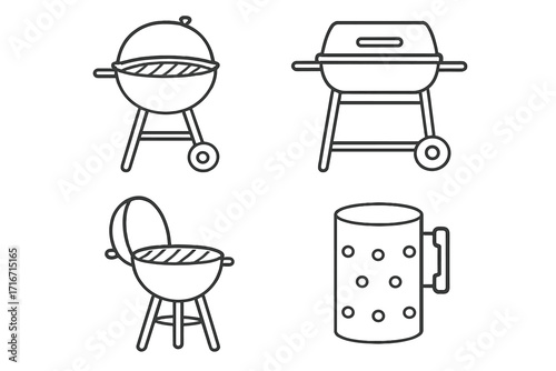Minimalist line art barbecue grills set, vector illustration with transparent background, outdoor cooking, kitchen appliances, charcoal grill, propane grill, mug, icon pack for barbecue party