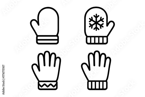Winter mittens and gloves icon set, simple linear design, cartoon vector, cozy seasonal accessories, cold weather, snowflake pattern, warm clothing, transparent background, handwear collection