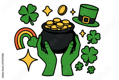 Saint Patrick's Day vector collage with green hands holding pot of gold, shamrocks, leprechaun hat, rainbow, sparkling gold coins, Ireland celebration, retro Y2K halftone mixed media card design