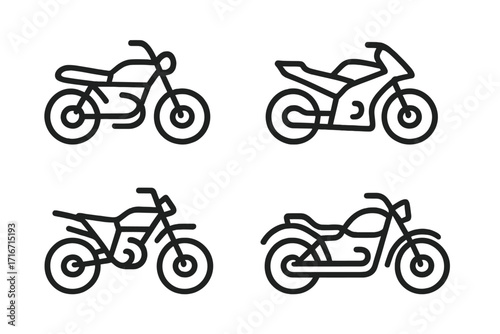 Minimalist vector outlines of various motorcycle types in black and white, bike icons set, cartoon illustration, isolated transparent background, sport, chopper, dirt bikes, transportation concepts