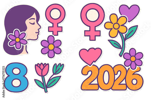 International Women's Day 2026 sticker set. 8 March greeting card elements. Y2k pop art collage with woman, flowers, hearts and venus symbol. Feminist vector concept.