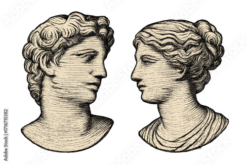 Trendy vintage art with ancient classical busts. Male and female marble statue faces in wavy line halftone style. Romantic couple in love concept for Valentine's day card.