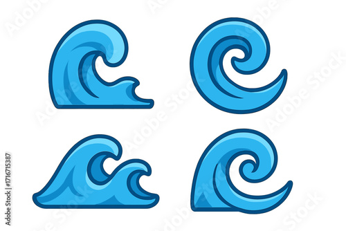Wave icon set. Blue water waves collection in cartoon flat style. Ocean, sea, or surf stylized symbols. Swirl, curl, and splash liquid flow graphic elements for logo design.