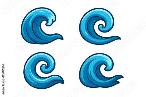 Set of blue wave swirl icons. Vector cartoon illustration of ocean or sea water splashes. Abstract flowing liquid or surf symbols for logo design. Graphic element collection.