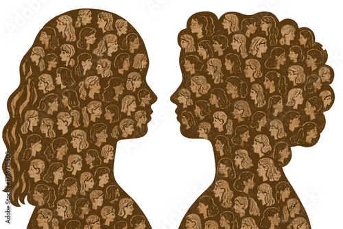 International Women's Day concept of sisterhood, community. Two female head silhouettes made of women's faces pattern. Feminism, female empowerment, equality vector.