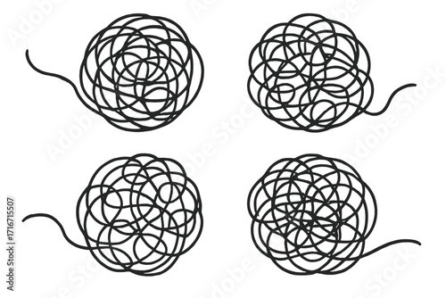 Set of tangled and untangled scribble lines. Chaos and order theory metaphor. Mental health concept for anxiety, stress, confusion. Hand-drawn vector doodle illustration.