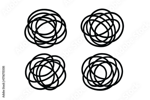 Tangled scribble line icon set. Metaphor for chaos, confusion, anxiety, and complexity. Abstract doodle for psychology, mental health, and problem solving concepts. Vector.