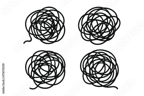 Set of tangled scribble clews. Hand drawn vector illustration. Metaphor for chaos, confusion, complexity, and disorder. Concept for mental health, messy situations, or problem solving.