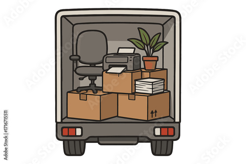 We've moved concept. Office relocation illustration. Business moving day. Furniture and equipment like chair, printer, and boxes in the back of a transport truck or lorry.