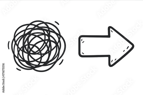 Chaos to order concept vector. From complex to simple metaphor. Problem solving and solution finding. Confusion to clarity. Tangled scribble to clear arrow. Process simplification.