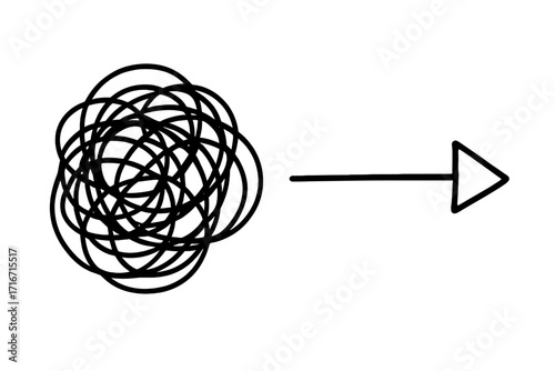 Chaos to order metaphor. From confusion to clarity. Complexity and simplicity. Problem solving. Business strategy and solution concept. Tangled scribble line turns into straight arrow.