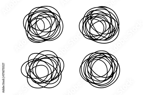 Set of tangled scribble clews. Hand-drawn messy circles. Metaphor for chaos, confusion, anxiety, and complex problems. Untangling thoughts or mental disorder concept vector.