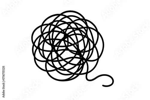 Tangled line clew as a metaphor for chaos and confusion. Messy scribble icon representing anxiety, stress, or a complex problem. Concept of brainstorming and creative process.