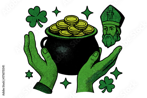 Saint Patrick's Day retro illustration. Halftone collage with hands holding a pot of gold money. Irish luck, treasure, and fortune concept. Y2k aesthetic with shamrocks.
