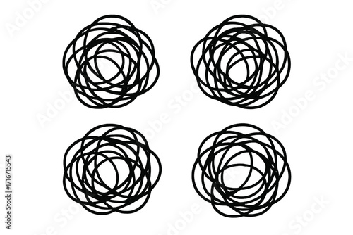 Tangled clew, messy scribble icon set. Metaphor for confused mind, chaos, disorder, anxiety, stress. Psychology symbol for complex problem. Complicated knot illustration.