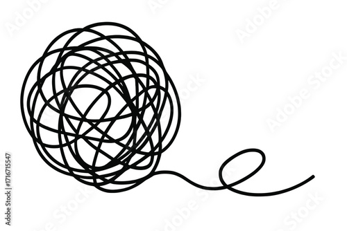 Chaos and order theory. Tangled and untangled thread metaphor for problem solving, confusion, therapy. Psychology, mental health symbol. Messy scribble becomes a clear path.