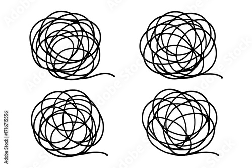 Tangled scribble line metaphor for confusion, anxiety, stress. Messy clew as chaos symbol. Complicated problem. Mental health disorder, brain chaos, abstract thought.