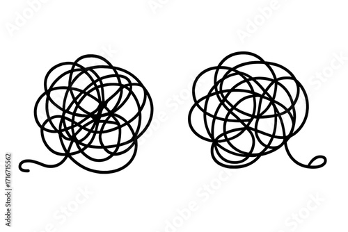 Tangled and untangled chaos. Concept of solving problems. Order and disorder. Psychotherapy, psychology. Metaphor of problem solving, anxiety, stress relief. Vector