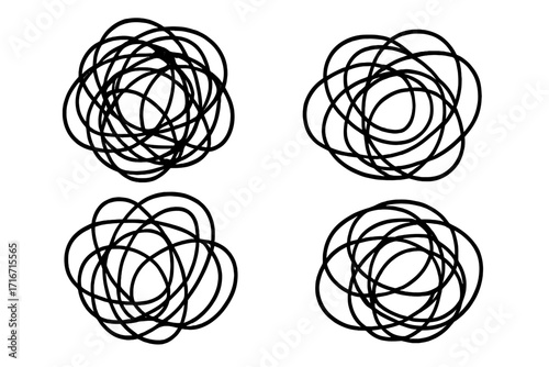 Tangled scribble clew collection. Metaphor for mental chaos, confusion, anxiety, depression. Complex problem-solving concept. Messy thoughts and tangled path vector set.