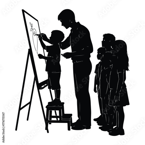 Teacher guiding child drawing on easel classroom