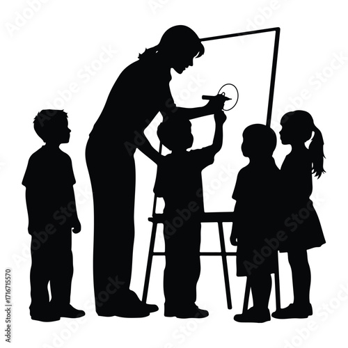 Teacher guiding children drawing on easel classroom
