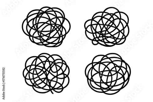 Set of tangled scribble clews. Chaos and confusion metaphor. Complex problem or messy thought process concept. Psychology, anxiety, and stress symbol. Doodle line art vector.