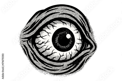 Scary eye illustration with halftone effect, detailed vector cartoon style, eerie graphic design with transparent background, horror art, creepy eyeball close-up, spooky visual element