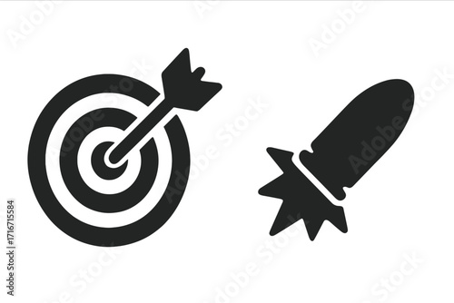 Target icon with arrow in bullseye and rocket bomb missile silhouette. Vector set for concepts like goal, success, aim, precision, strategy, attack, weapon, and war.