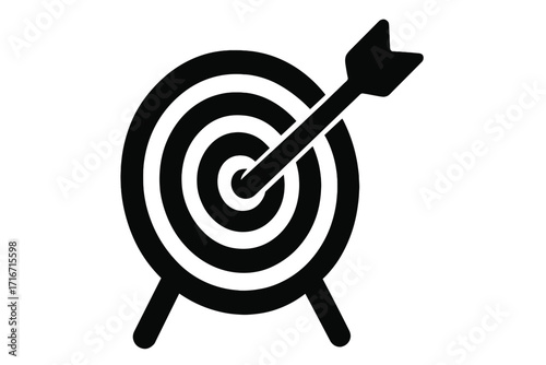 Target with arrow icon. Bullseye silhouette. Goal achievement concept. Business success metaphor. Marketing strategy symbol. Aiming, focus, precision. Hit the mark vector.