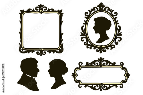 Set of vintage silhouette frames. Vector collection of antique baroque borders and classic man and woman portraits. Victorian cameo style couple profile for decoration.