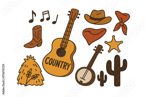 Hand-drawn country music elements set with guitar, banjo, cowboy boot, hat, bandana, sheriff badge, cacti, haystack, and musical notes, festival banners and postcard vector illustration