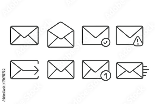 Set of minimalistic envelope line icons, editable stroke vector, linear email and mail symbols, simple cartoon style pictograms for app design, banners, cards, and digital posts